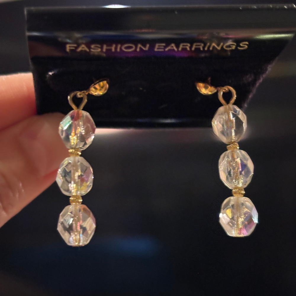 Iridescent Aurora Borealis Triple Bead Dangle Fashion Jewelry Drop Earrings - Picture 3 of 5